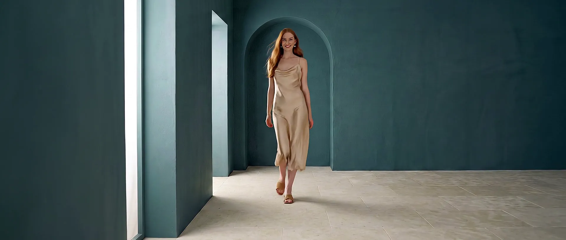 A woman with long copper hair walking towards the camera in a champagne satin slip dress through a teal plaster room, from the Dene & Dune autumn film.
