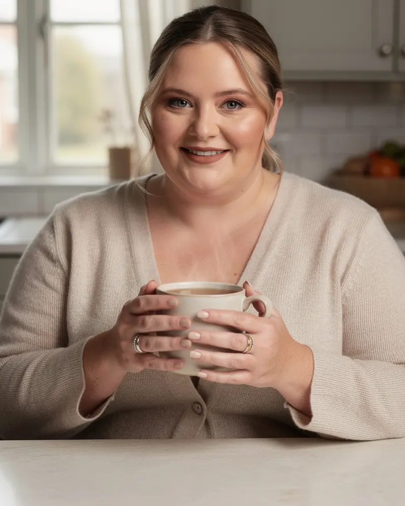 Aurelia Stacking Ring Set in Mixed Metal, stacked on one finger, hands around a mug of tea