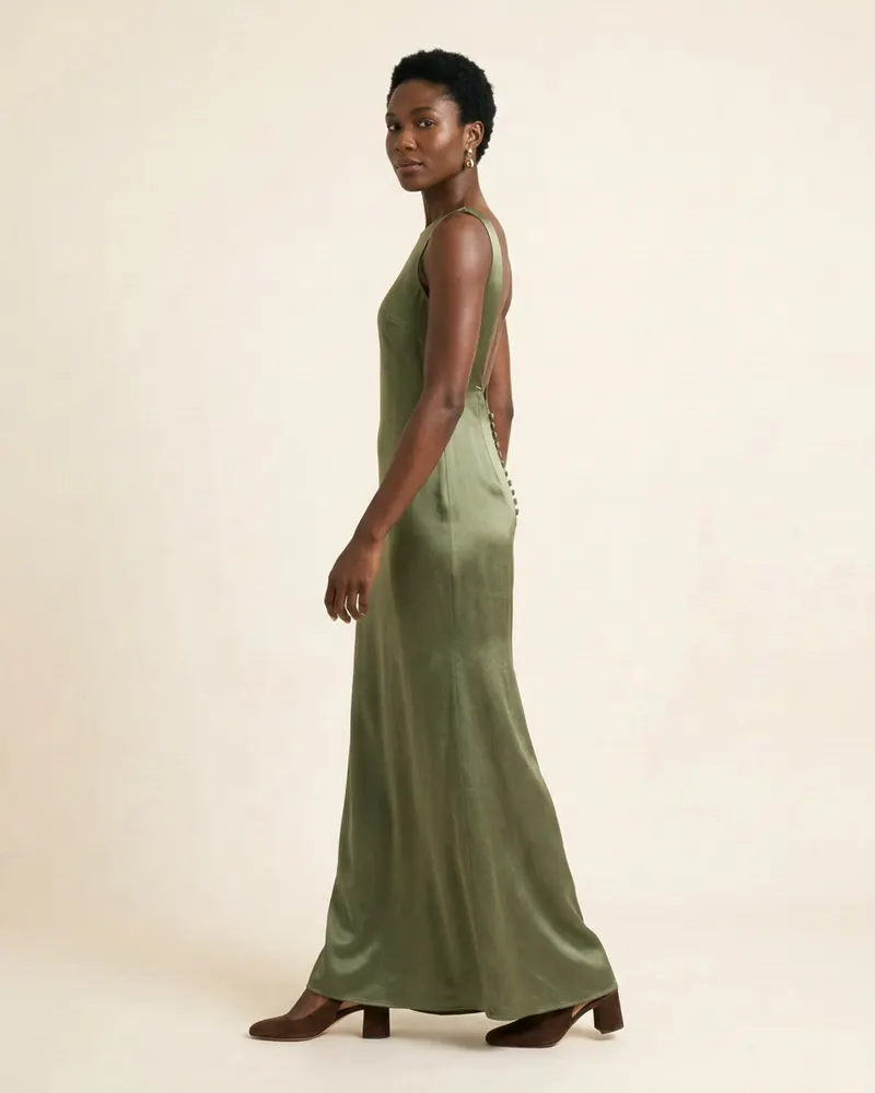 Aurora Satin Column Gown in Moss, side view facing left