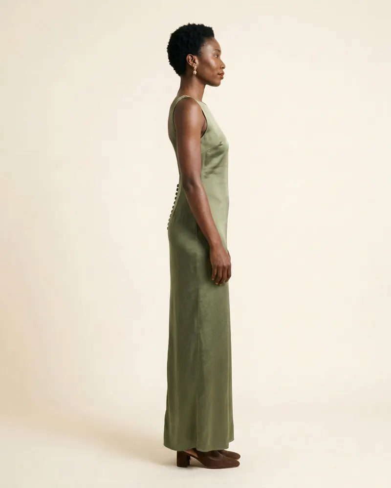 Aurora Satin Column Gown in Moss, side view facing right