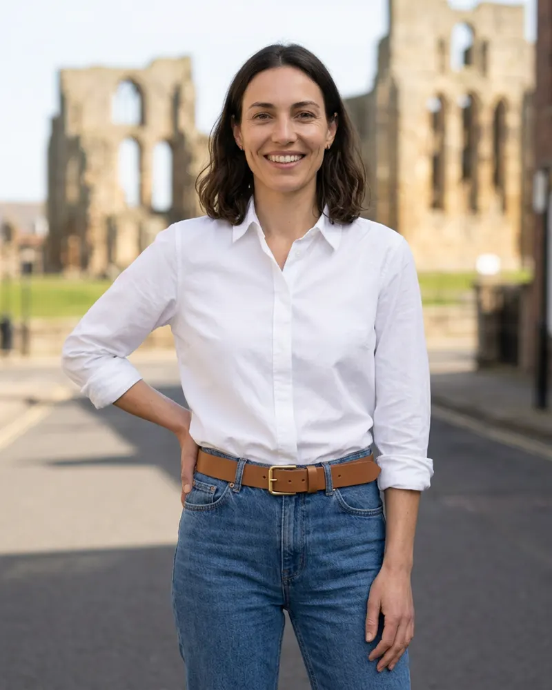 Brass-Buckle Leather Belt in Tan, worn with jeans and a tucked-in shirt