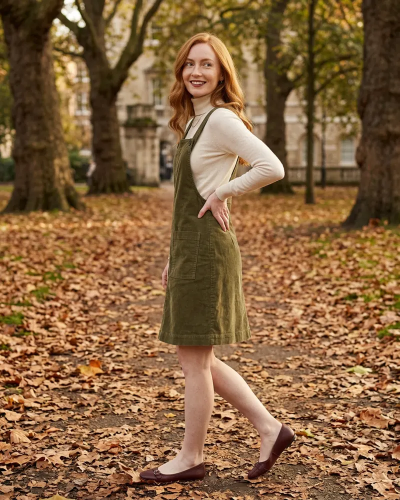 Corduroy Pinafore Dress in Olive, over a roll neck, walking through fallen leaves in a park