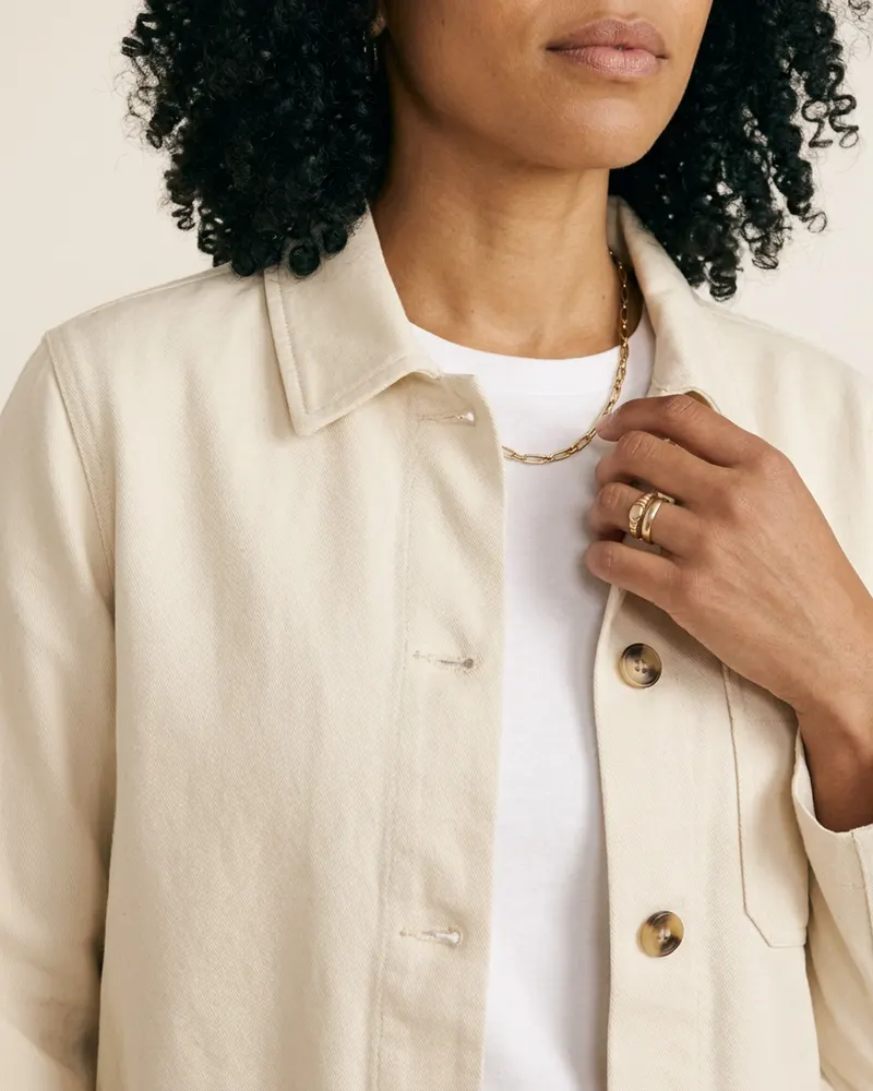 Close-up of the Cotton Twill Chore Jacket in Ecru: heavy organic cotton twill