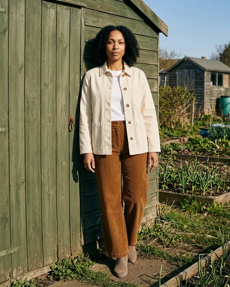 Cotton Twill Chore Jacket in Ecru, at an allotment shed on a spring morning