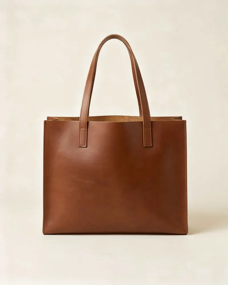 Craster Leather Tote Bag in Conker, front view: a plain unlined vegetable-tanned leather tote with shoulder-length handles