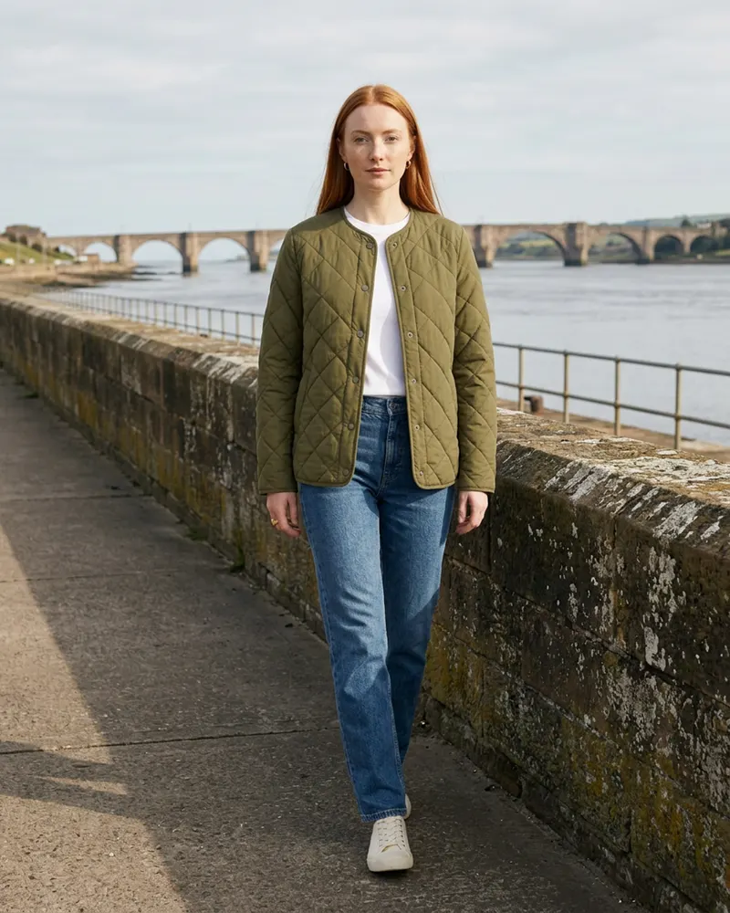 Diamond-Quilted Jacket in Olive, on the promenade at Spittal with the Tweed estuary behind