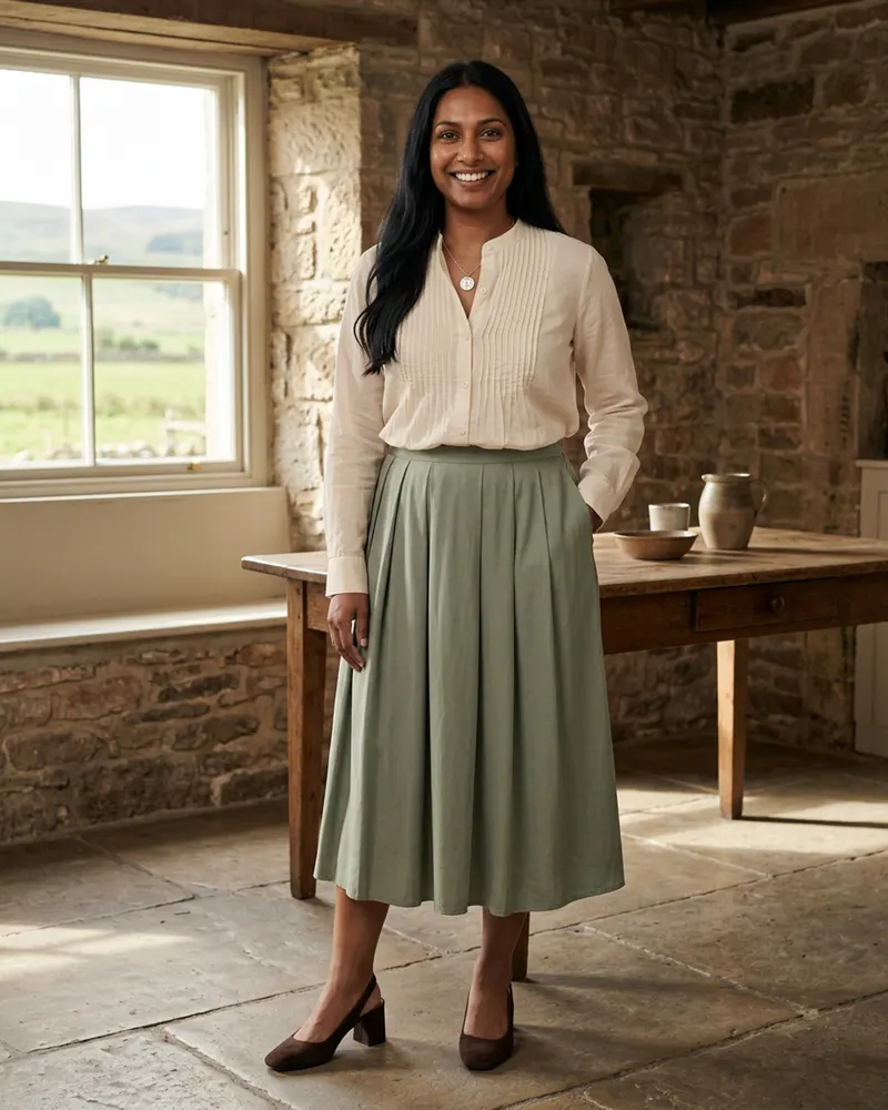 Edie Pintuck Voile Blouse in Cream, in a sunlit farmhouse kitchen with a pleated skirt