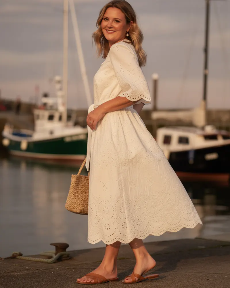 Elodie Broderie Anglaise Midi Dress in White, by the harbour at Amble on a warm evening with a raffia bag