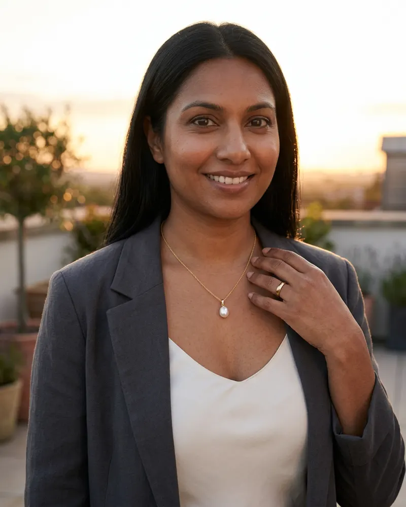Farne Pearl Pendant Necklace in Gold Vermeil, worn with a silk camisole under an unlined blazer at dusk