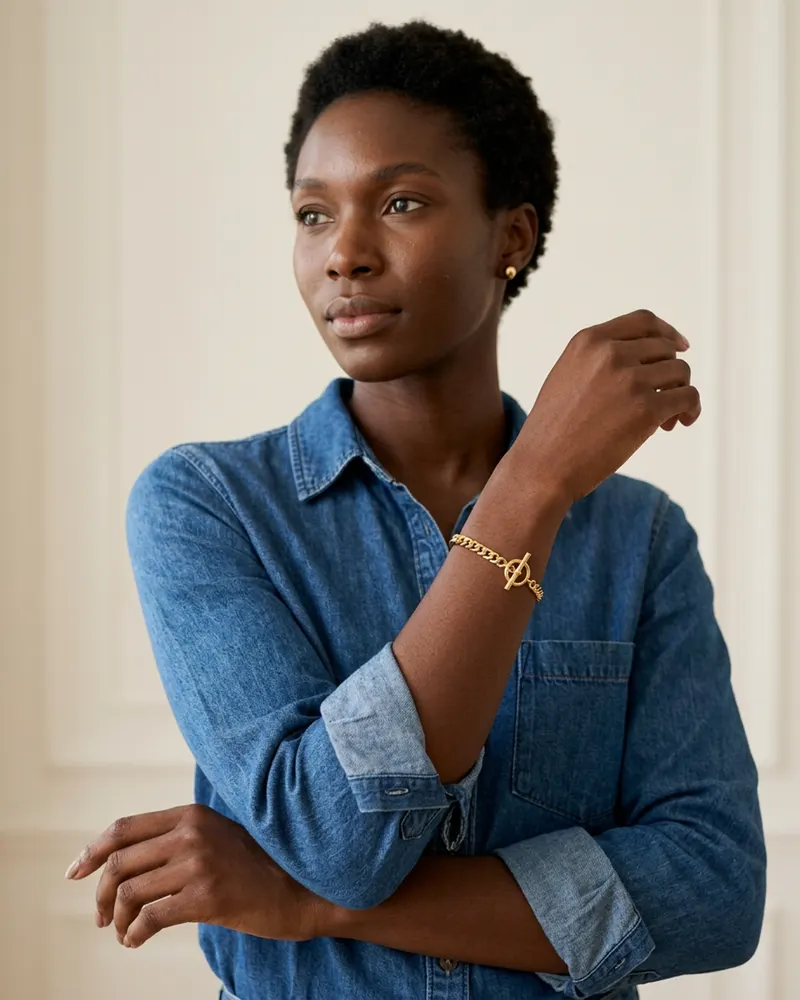 Flat Curb Chain Bracelet in Gold Vermeil, worn at a rolled denim shirt cuff