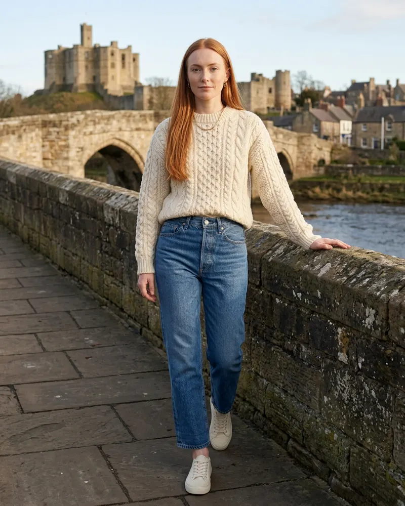 Frankie Straight-Leg Jean in Mid Wash, with a cable jumper on the bridge over the River Coquet