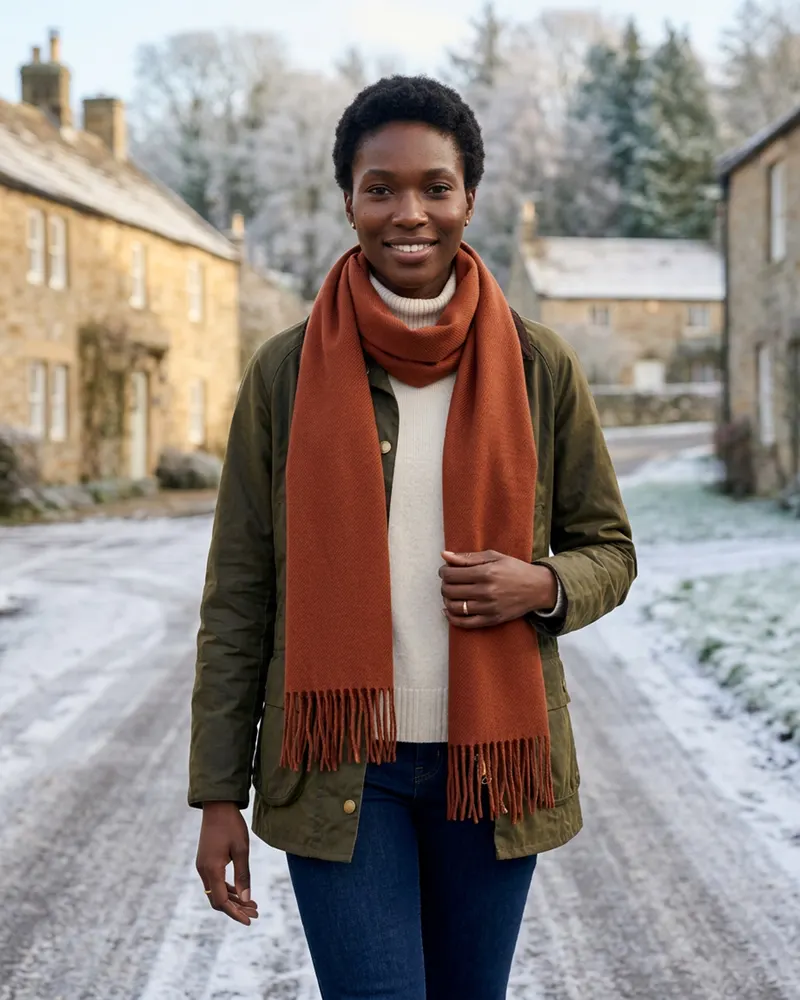 Fringed Lambswool Scarf in Rust, looped over a waxed jacket on a frosty lane