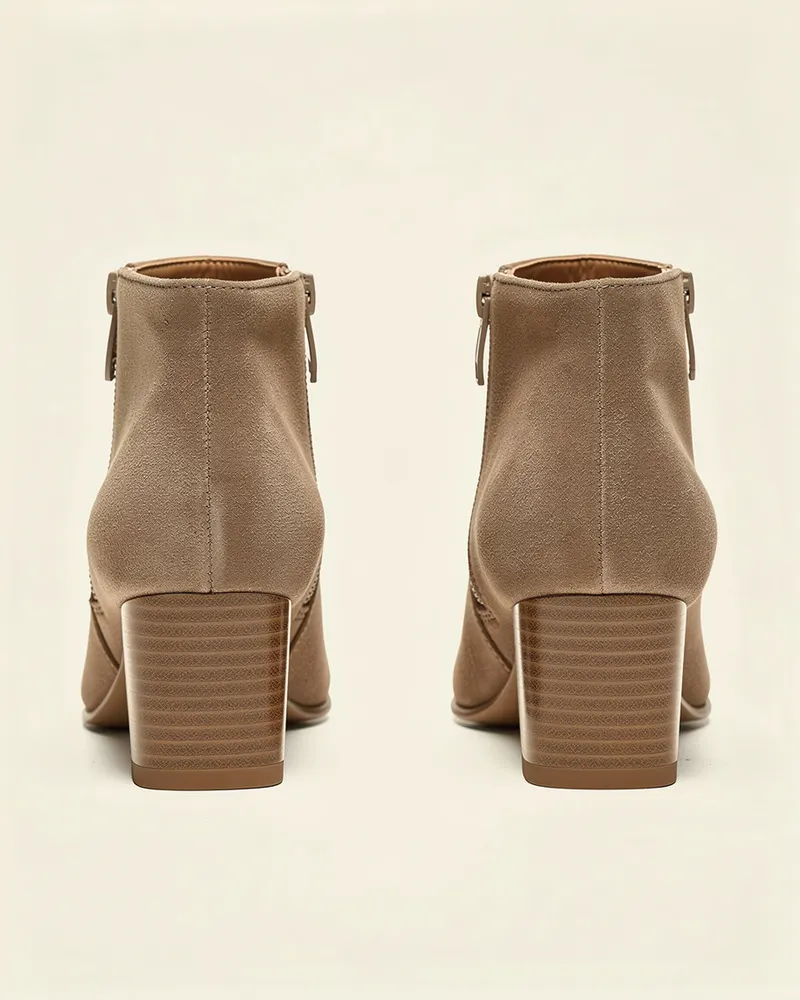 Greta Suede Ankle Boot in Taupe, heel and back view