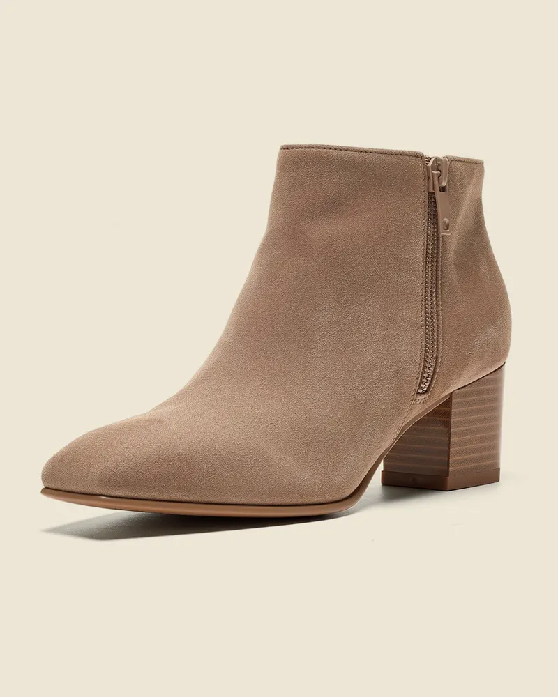 Close-up of the Greta Suede Ankle Boot in Taupe: suede upper