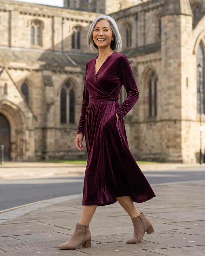 Greta Suede Ankle Boot in Taupe, worn with a velvet wrap dress on a market town street