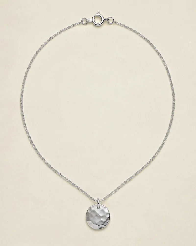 Hammered Disc Necklace in Recycled Silver: a 12mm hand-hammered disc pendant on a fine trace chain