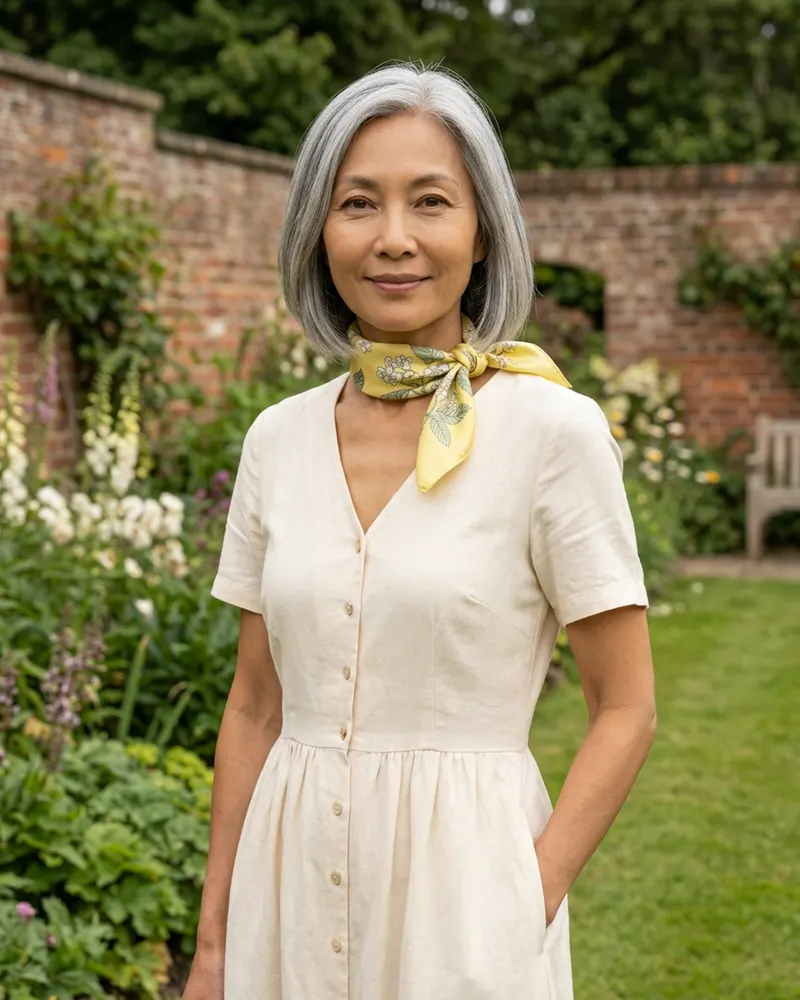 Hawthorn Blossom Silk Square Scarf in Hawthorn Butter, tied at the neck with a tea dress