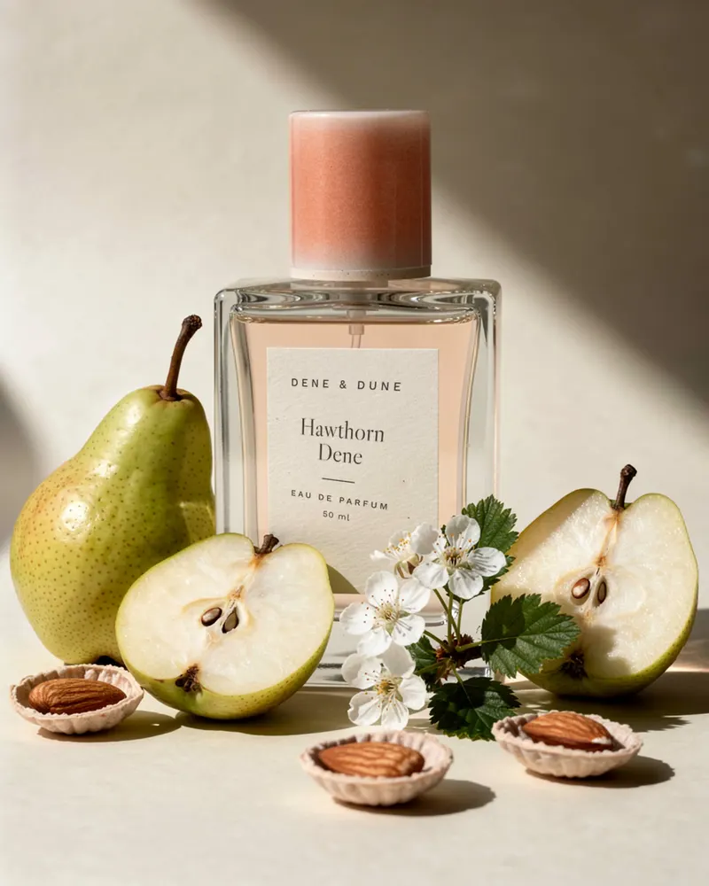 Hawthorn Dene Eau de Parfum with raw materials from its notes: a sprig of hawthorn blossom, a sliced pear and almonds in their shells