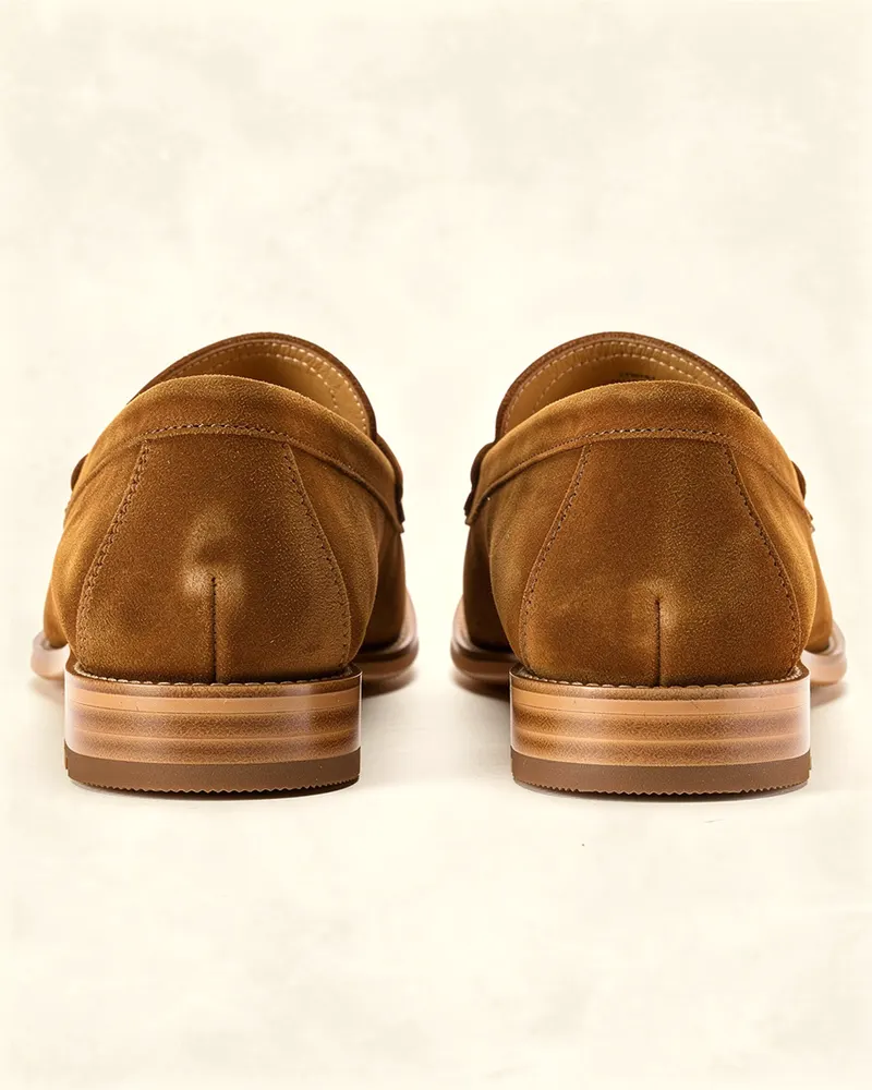 Hazel Suede Penny Loafer in Tobacco, heel and back view