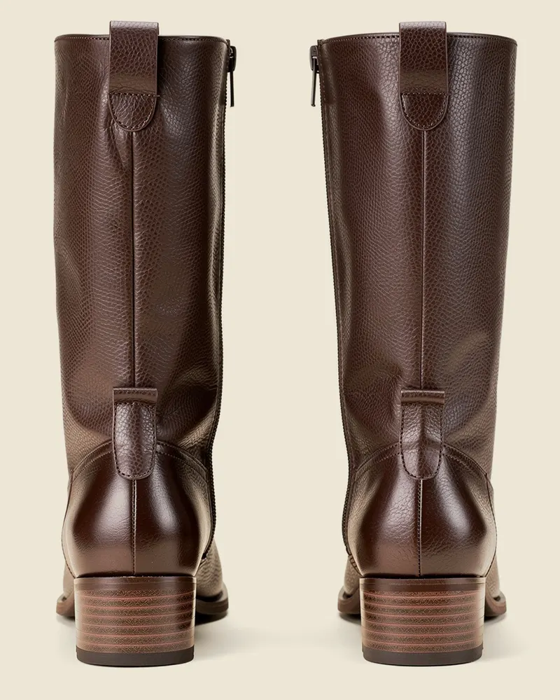 Imogen Leather Knee-High Boot in Chocolate, heel and back view