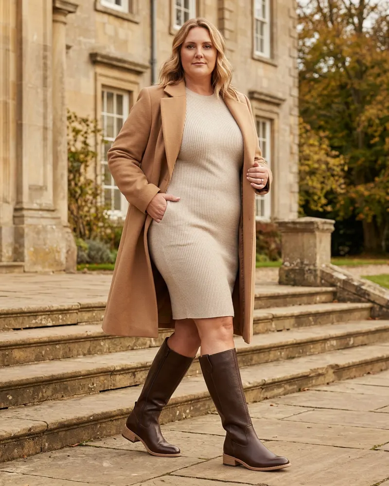 Imogen Leather Knee-High Boot in Chocolate, worn with a merino rib dress at High Force waterfall