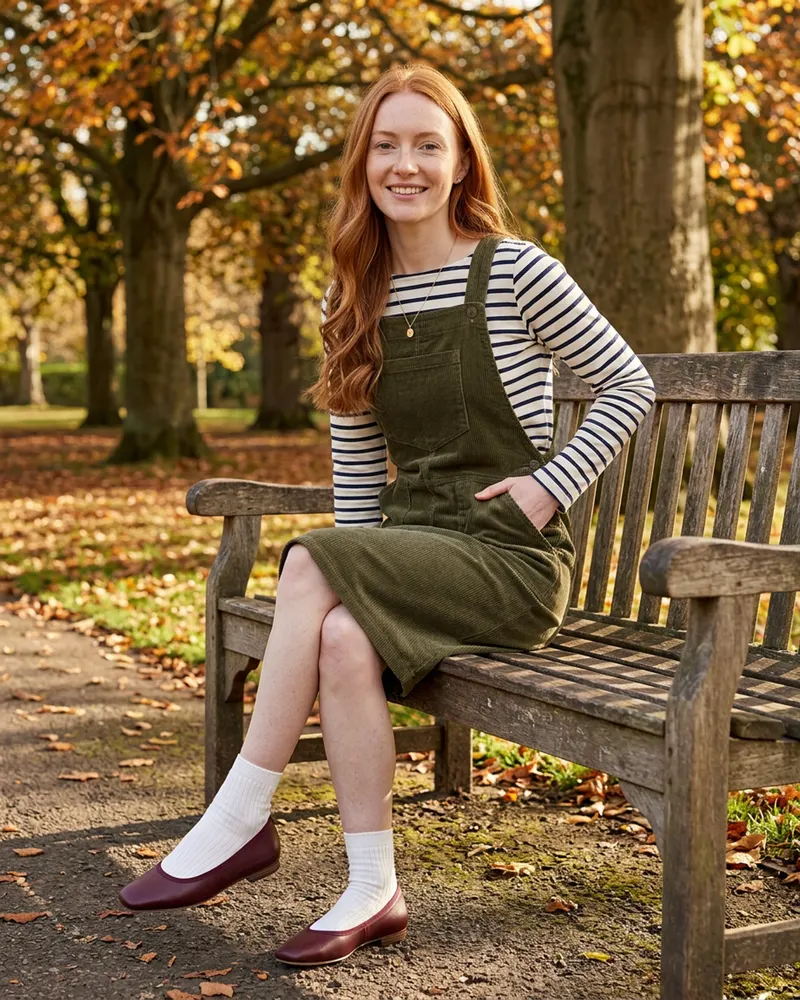 Ines Leather Ballet Flat in Oxblood, worn with a pinafore dress and white socks on a park bench