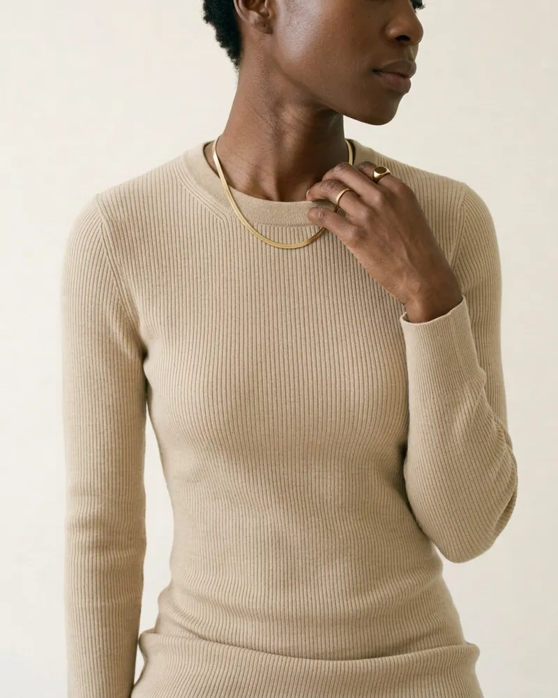 Close-up of the Isla Merino Rib Midi Dress in Oat: fine-gauge merino rib