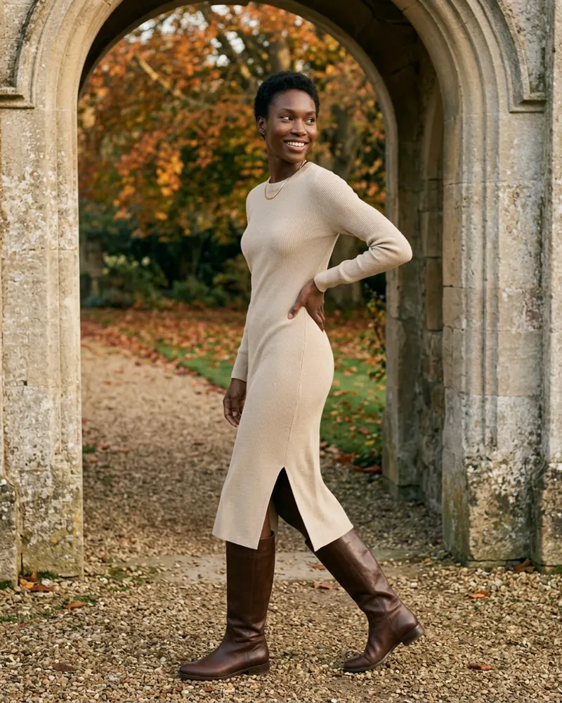 Isla Merino Rib Midi Dress in Oat, walking through a stone archway on an autumn afternoon with knee boots