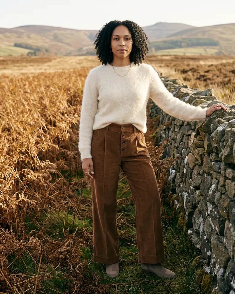 Jumbo Cord Wide-Leg Trouser in Tobacco, with a mohair jumper in a field of autumn bracken