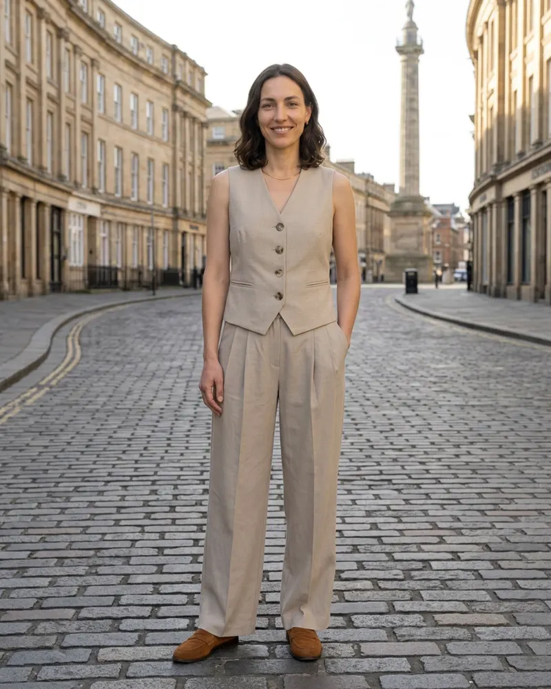 Juno Linen Waistcoat in Stone, worn alone with wide trousers on a city street