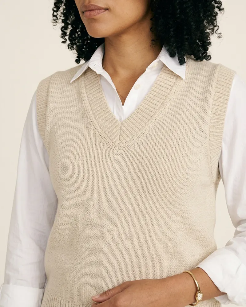 Close-up of the Knitted V-Neck Sweater Vest in Ecru: v-neck