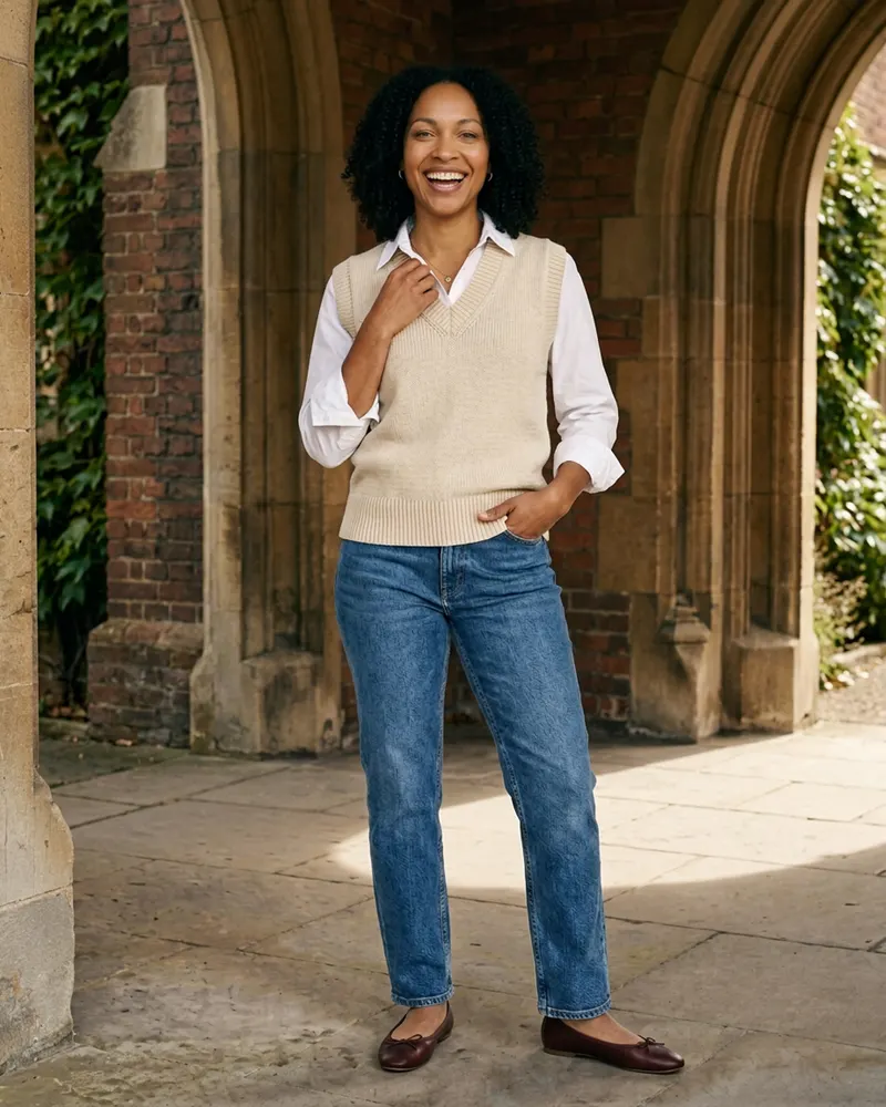 Knitted V-Neck Sweater Vest in Ecru, over a poplin shirt on a university campus