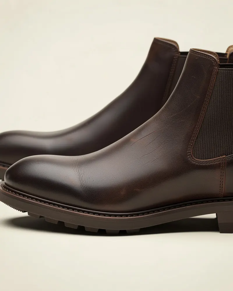 Close-up of the Leather Chelsea Boot in Dark Brown: water-resistant waxed leather