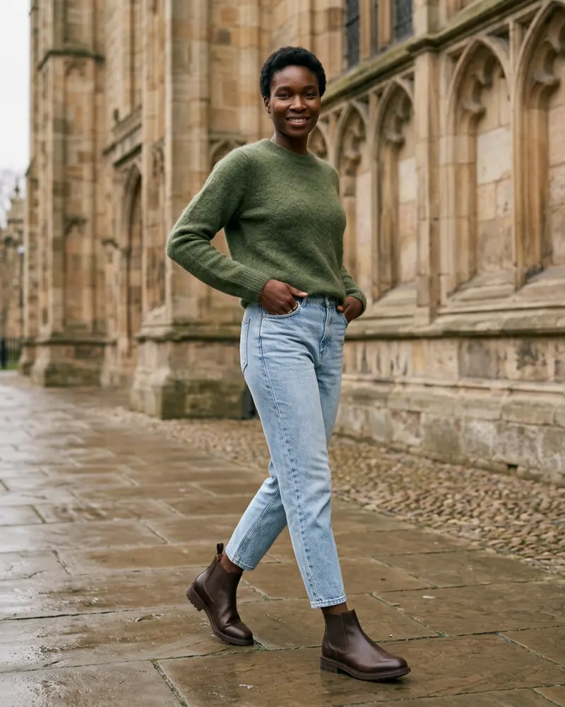 Leather Chelsea Boot in Dark Brown, worn with barrel-leg jeans on a wet cathedral path