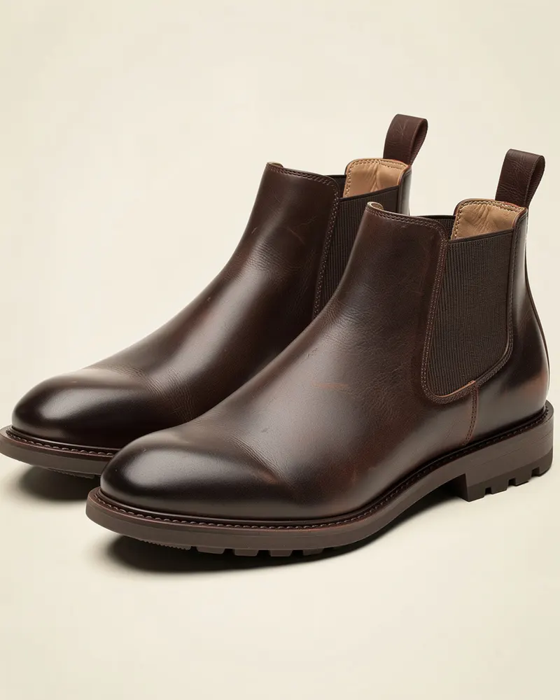 Leather Chelsea Boot in Dark Brown, a pair shown at three-quarters: classic leather Chelsea boots with elastic side gussets, pull tabs and a lightweight lugged sole