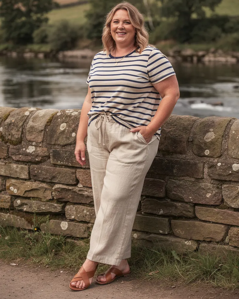Linen Drawstring Wide-Leg Trouser in Natural, on a riverbank in the Breamish Valley in summer