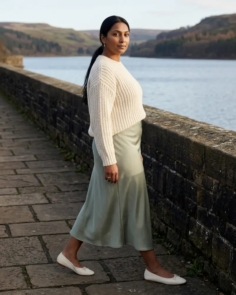 Lumen Bias-Cut Satin Midi Skirt in Sage, with a chunky knit on a reservoir path at Derwent