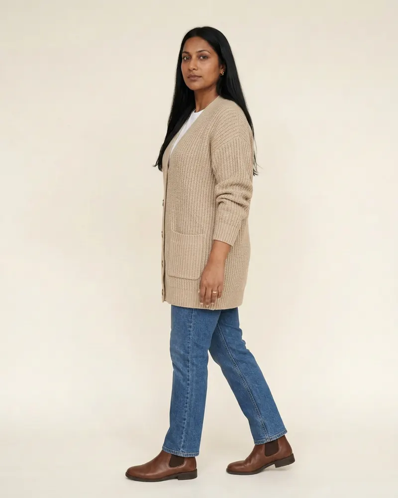 Mabel Chunky Wool Cardigan in Oatmeal, side view facing left