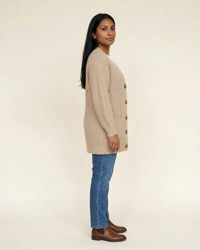 Mabel Chunky Wool Cardigan in Oatmeal, side view facing right