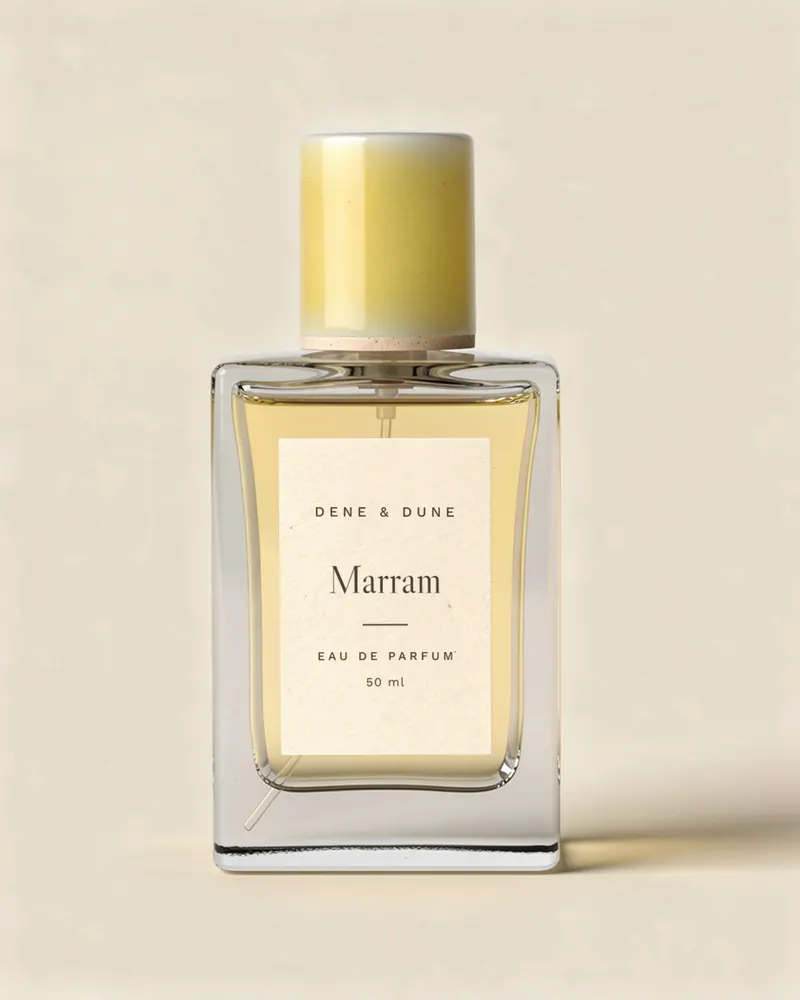 Marram Eau de Parfum: a clear glass flacon of pale straw-coloured fragrance with a butter-yellow stoneware cap and a letterpress label