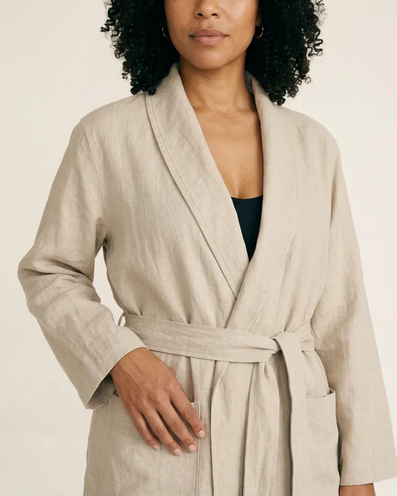 Close-up of the Marsden Linen Robe in Natural: washed linen