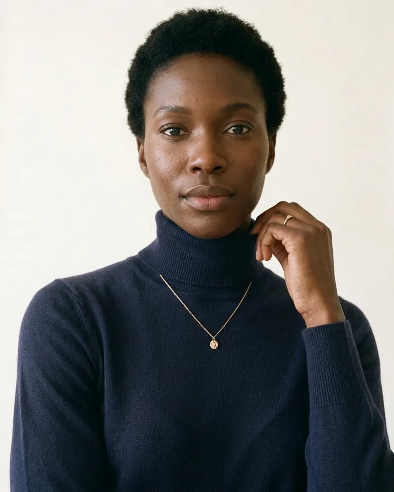 Close-up of the Merino Roll-Neck Jumper in Ink Navy: extra-fine merino