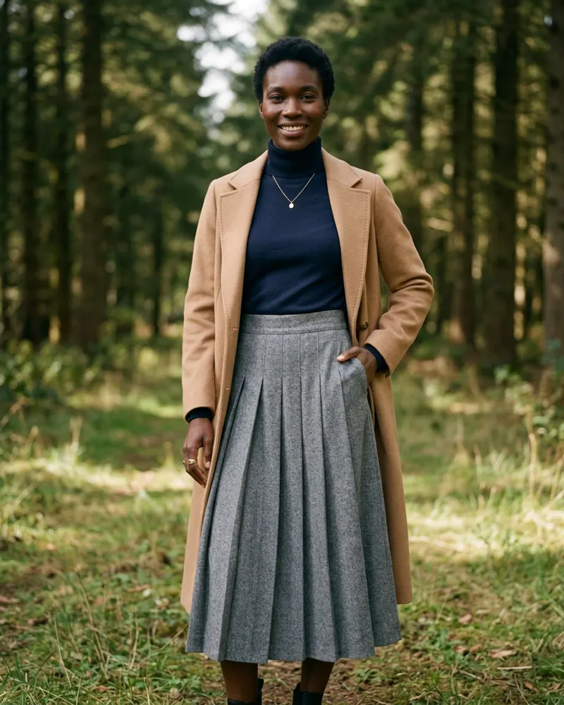 Merino Roll-Neck Jumper in Ink Navy, under a wool coat in a forest clearing at Kielder