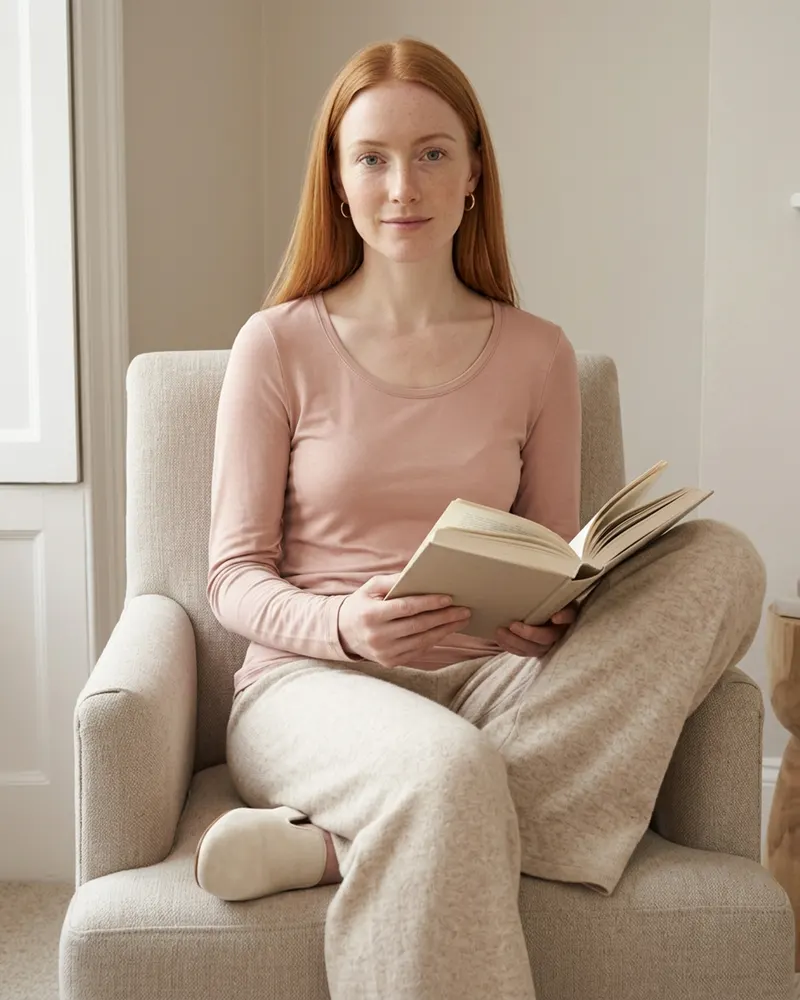 Modal Long-Sleeve Top in Blush, at home with knitted lounge trousers and a book