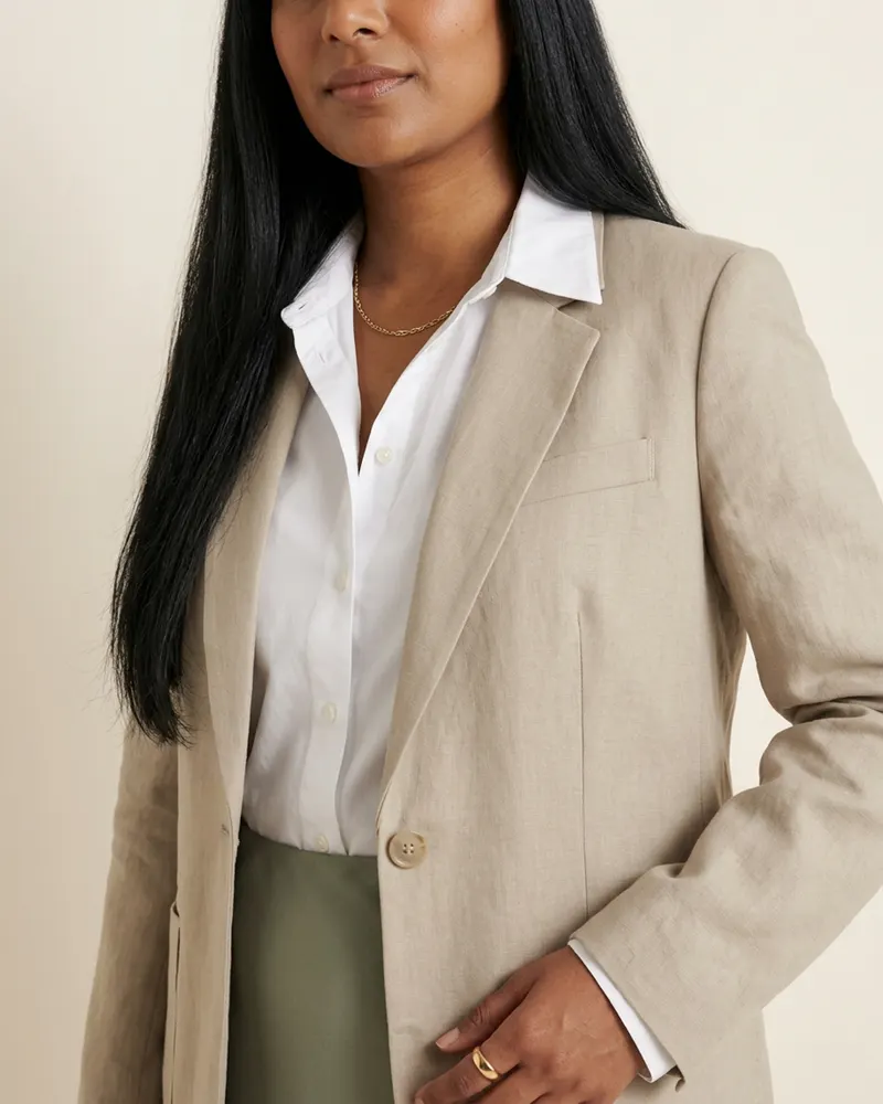 Close-up of the Nora Unlined Linen Blazer in Stone: soft construction, unlined