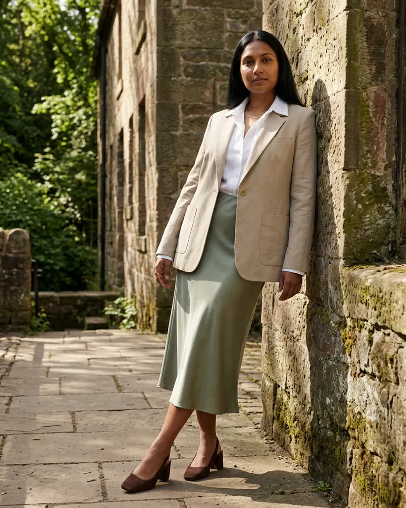 Nora Unlined Linen Blazer in Stone, in Jesmond Dene by the old mill on a summer morning