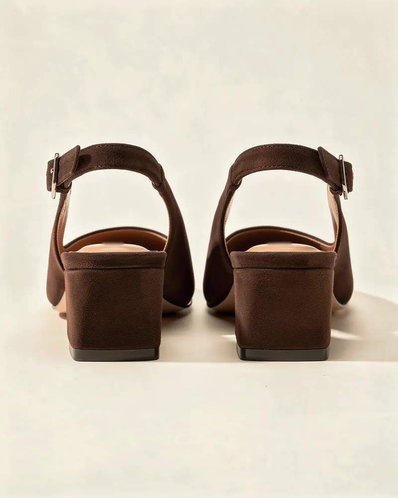Odette Block-Heel Slingback in Chocolate Suede, heel and back view