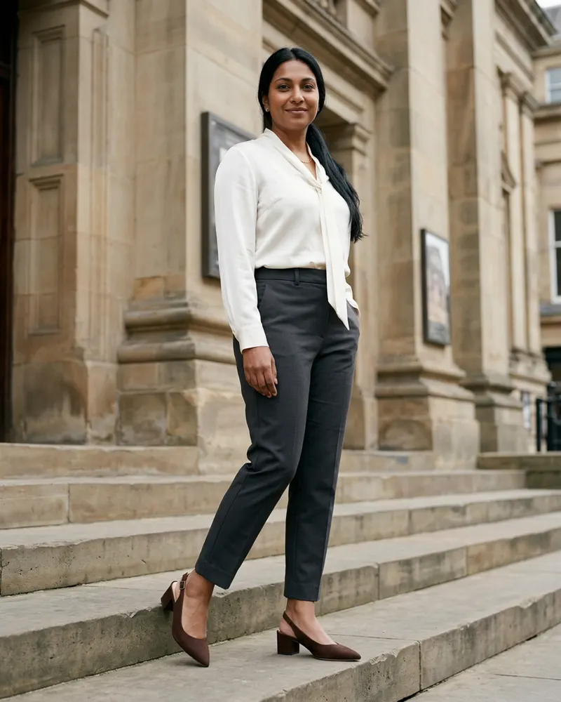Odette Block-Heel Slingback in Chocolate Suede, worn with tailored trousers on the steps of Grey Street