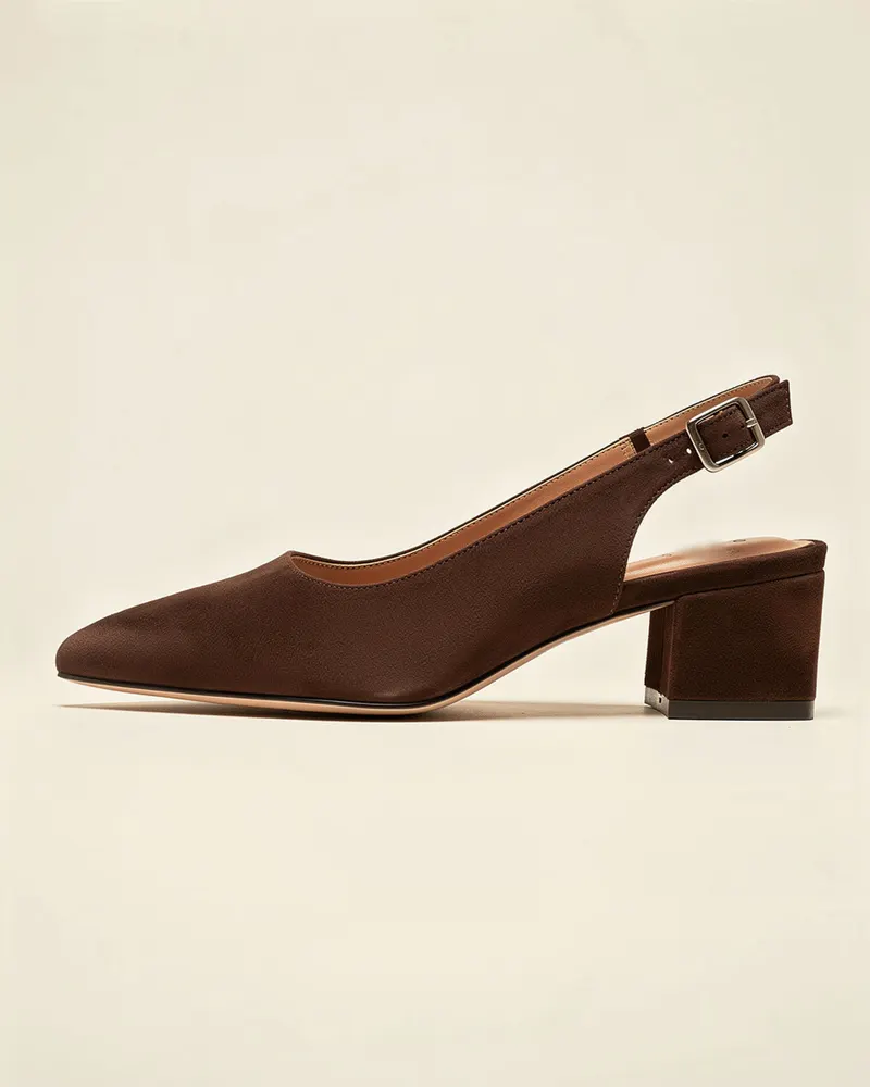 Odette Block-Heel Slingback in Chocolate Suede, side profile