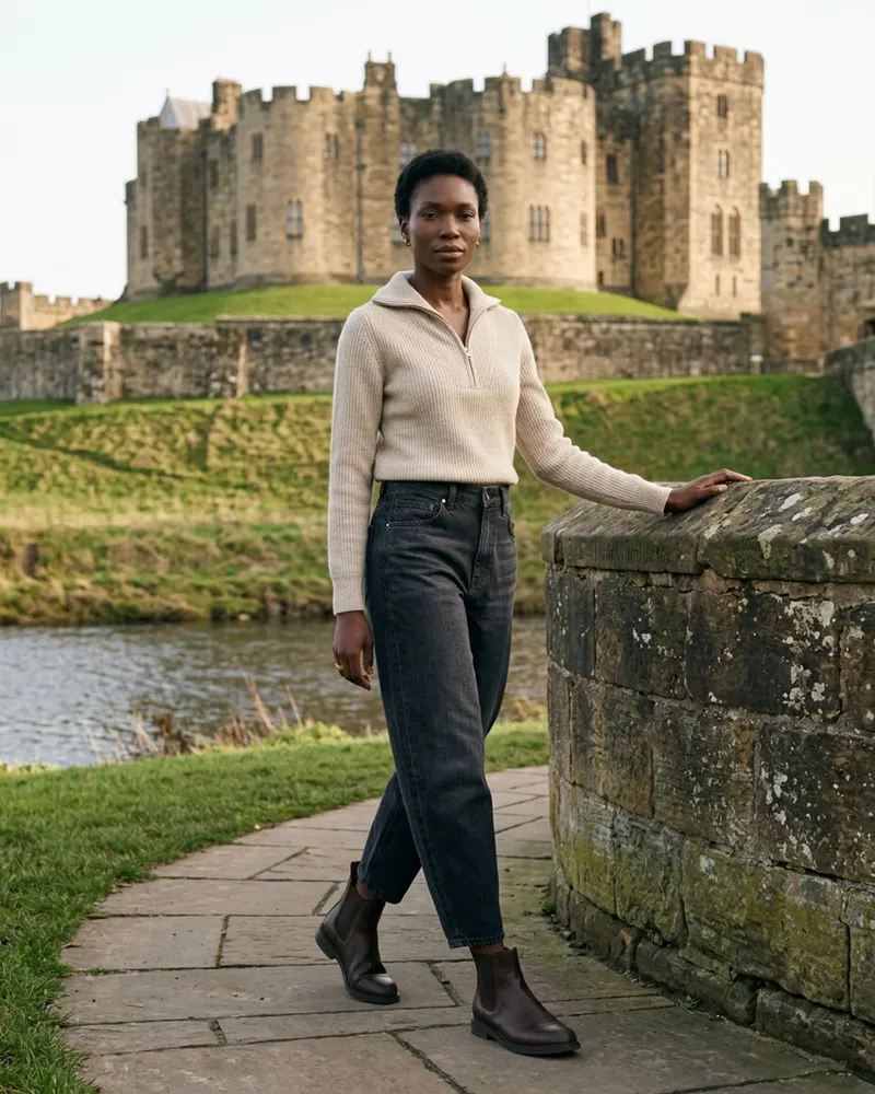 Organic Barrel-Leg Jean in Faded Black, with a half-zip knit on a riverside path at Alnwick